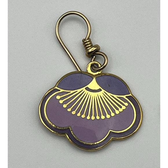 VTG Laurel Burch Hook Earrings Plum Blossom Lotus Purple Enamel & Gold Tone - Picture 2 of 5